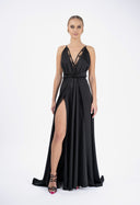 Long black dress with lace and front slit