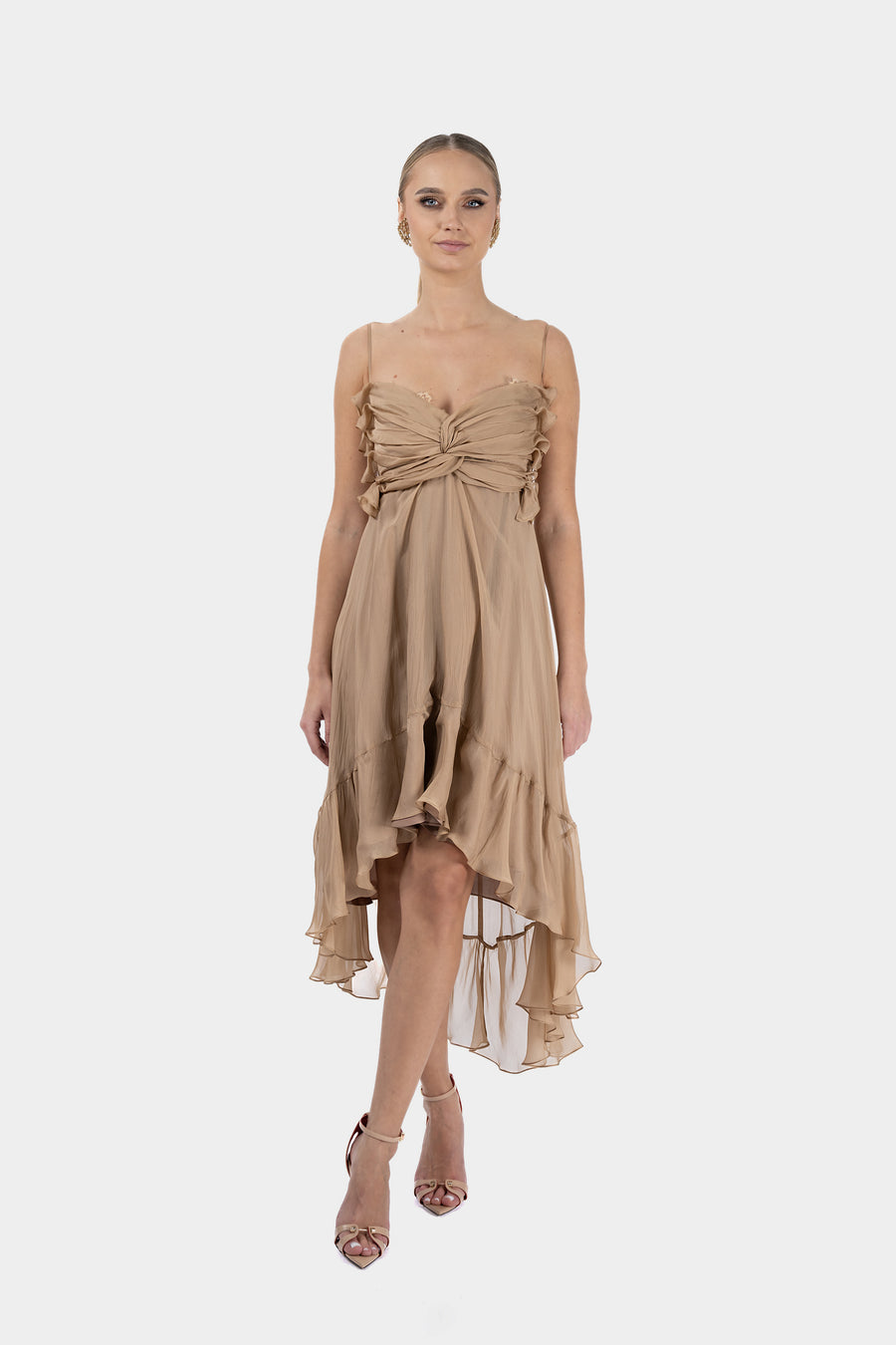 Rochie matase midi asimetrica cu bust fronsat tip fluture