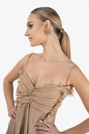 Rochie matase midi asimetrica cu bust fronsat tip fluture