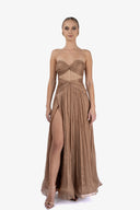Long dress in film-coated silk and Chantilly lace