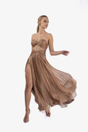 Long dress in film-coated silk and Chantilly lace