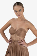 Long dress in film-coated silk and Chantilly lace