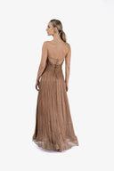 Long dress in film-coated silk and Chantilly lace