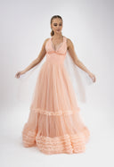 Long tulle dress with overlapping ruffles