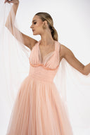 Long tulle dress with overlapping ruffles