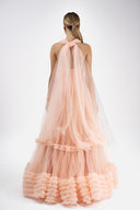 Long tulle dress with overlapping ruffles