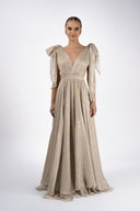 Long film-coated silk dress with deep neckline