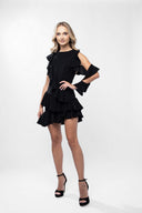 Rochie mini Dark Black asimetrica cu volane