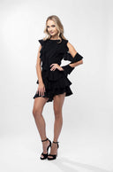 Rochie mini Dark Black asimetrica cu volane