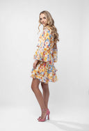 Rochie din matase cu imprimeu floral pastel si volane asimetrice