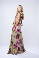Rochie lunga cu imprimeu floral si volane din matase