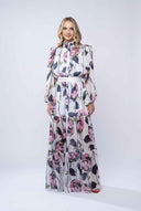 Rochie lunga cu guler inalt si imprimeu floral pictural