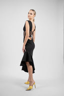 Rochie midi neagra cu corset transparent si fusta asimetrica