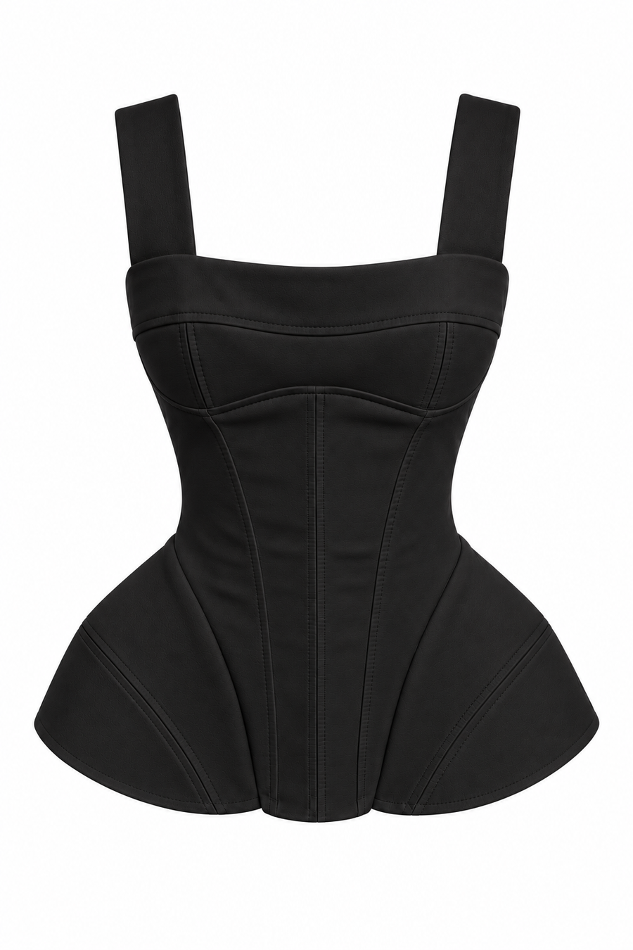 Black corset with wide straps and a sculptural peplum