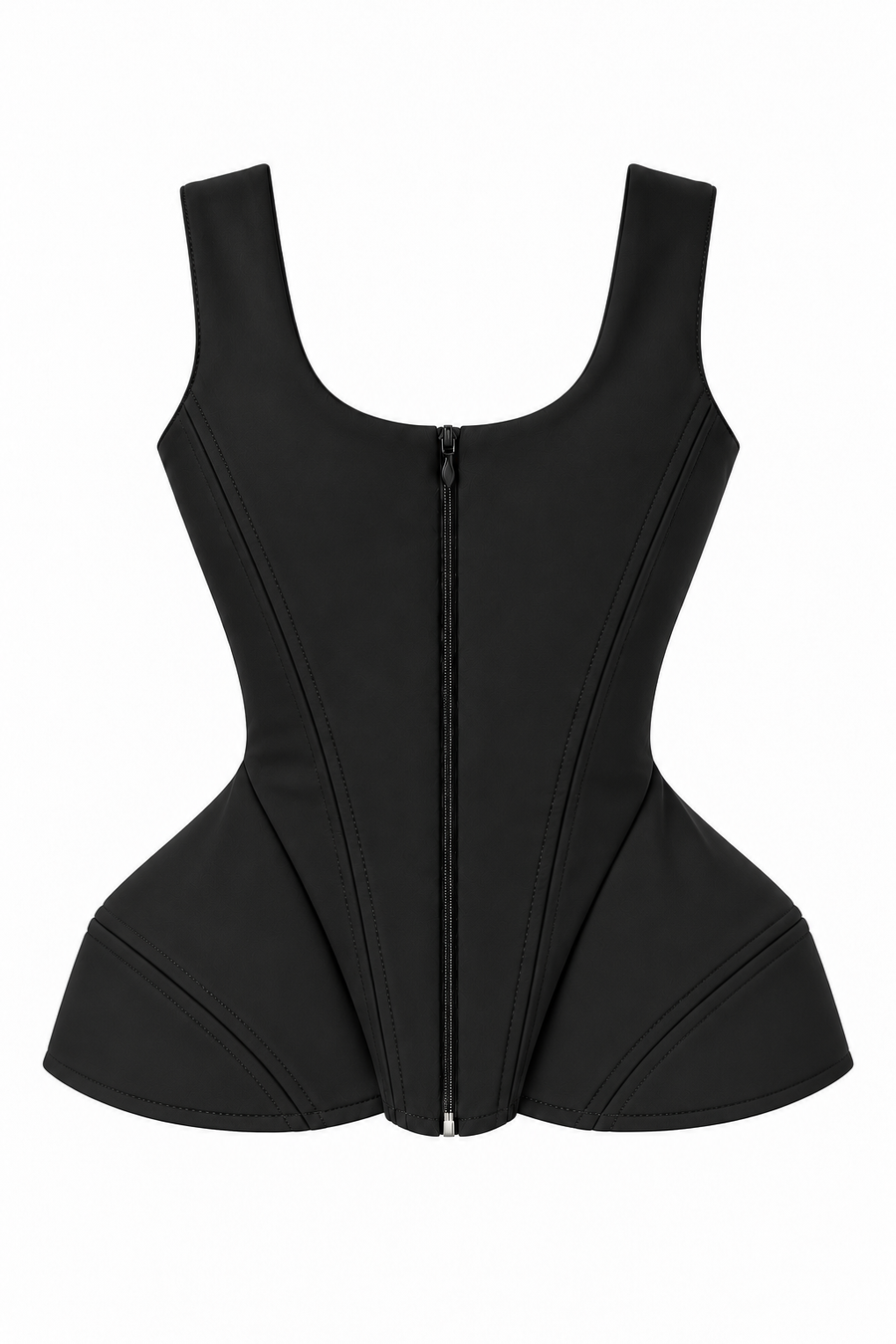 Black sculptural corset with wide straps and a peplum