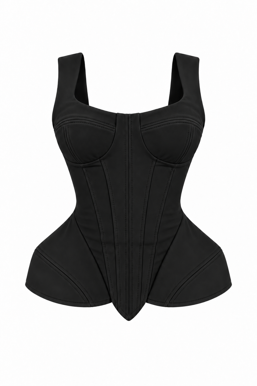 Black sculptural corset with wide straps and a peplum