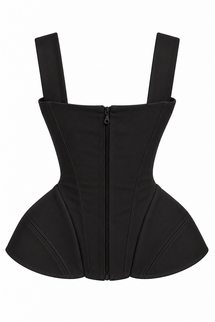 Black corset with wide straps and a sculptural peplum