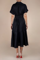 Rochie camasa midi cu volan si cordon Black cu design feminin, croiala moderna si detalii statement Monarh Design