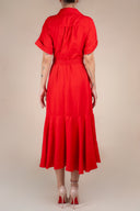 Rochie camasa midi cu volan si cordon Red cu design feminin, croiala moderna si detalii statement Monarh Design