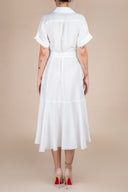Rochie camasa midi cu volan si cordon White cu design feminin, croiala moderna si detalii statement Monarh Design