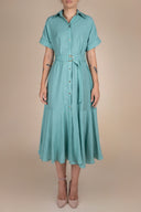 Rochie camasa midi cu volan si cordon Pearl Aqua cu design feminin, croiala moderna si detalii statement Monarh Design