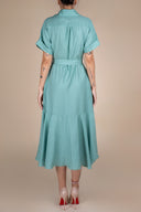 Rochie camasa midi cu volan si cordon Pearl Aqua cu design feminin, croiala moderna si detalii statement Monarh Design