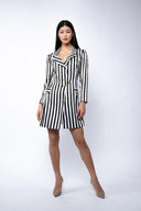 Black-and-white striped blazer dress with gold-tone details