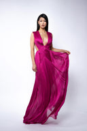Rochie lunga din tulle matase peliculizat fucsia