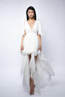 White dress with asymmetrical scarves