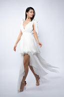 White dress with asymmetrical scarves