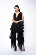 Black dress with asymmetrical scarves