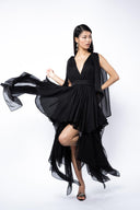Black dress with asymmetrical scarves