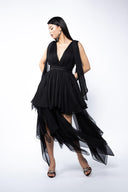 Black dress with asymmetrical scarves