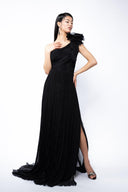 Asymmetrical silk dress with one accessorized shoulder