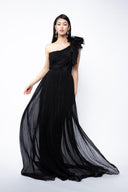 Asymmetrical silk dress with one accessorized shoulder