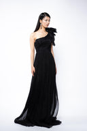 Asymmetrical silk dress with one accessorized shoulder
