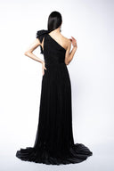 Asymmetrical silk dress with one accessorized shoulder