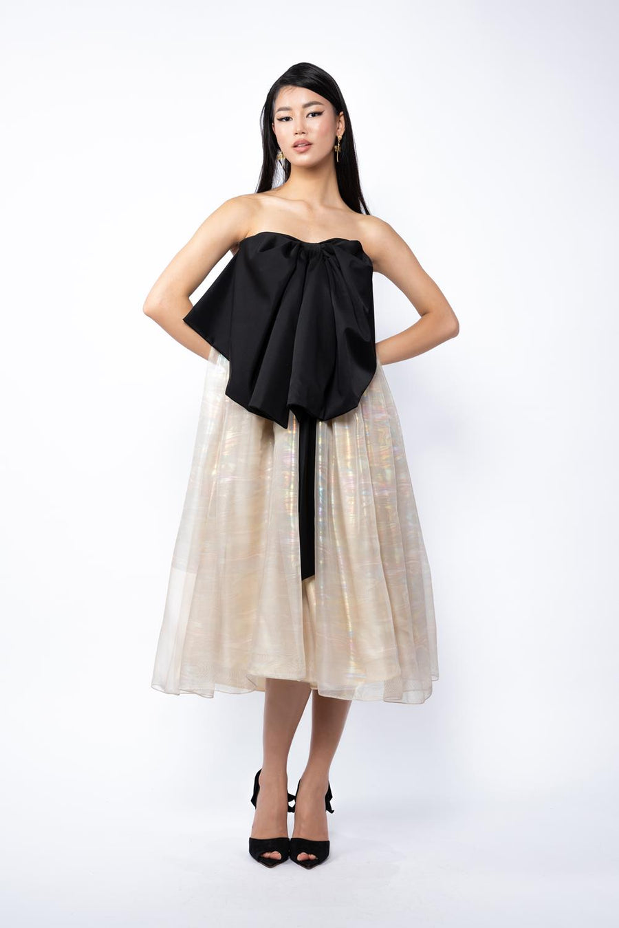 Rochie din matase peliculizata cu funda oversized