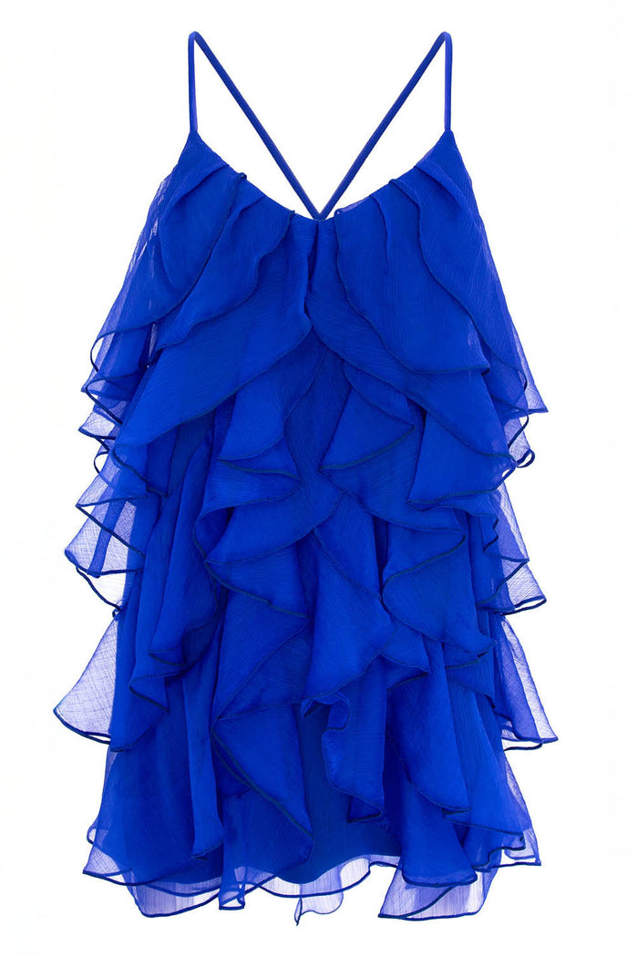 Rochie mini Lucky Blue cu volane din amestec de matase