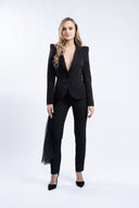 Pantaloni conici cu fronseu si volan din matase black