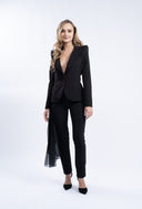Pantaloni conici cu fronseu si volan din matase black
