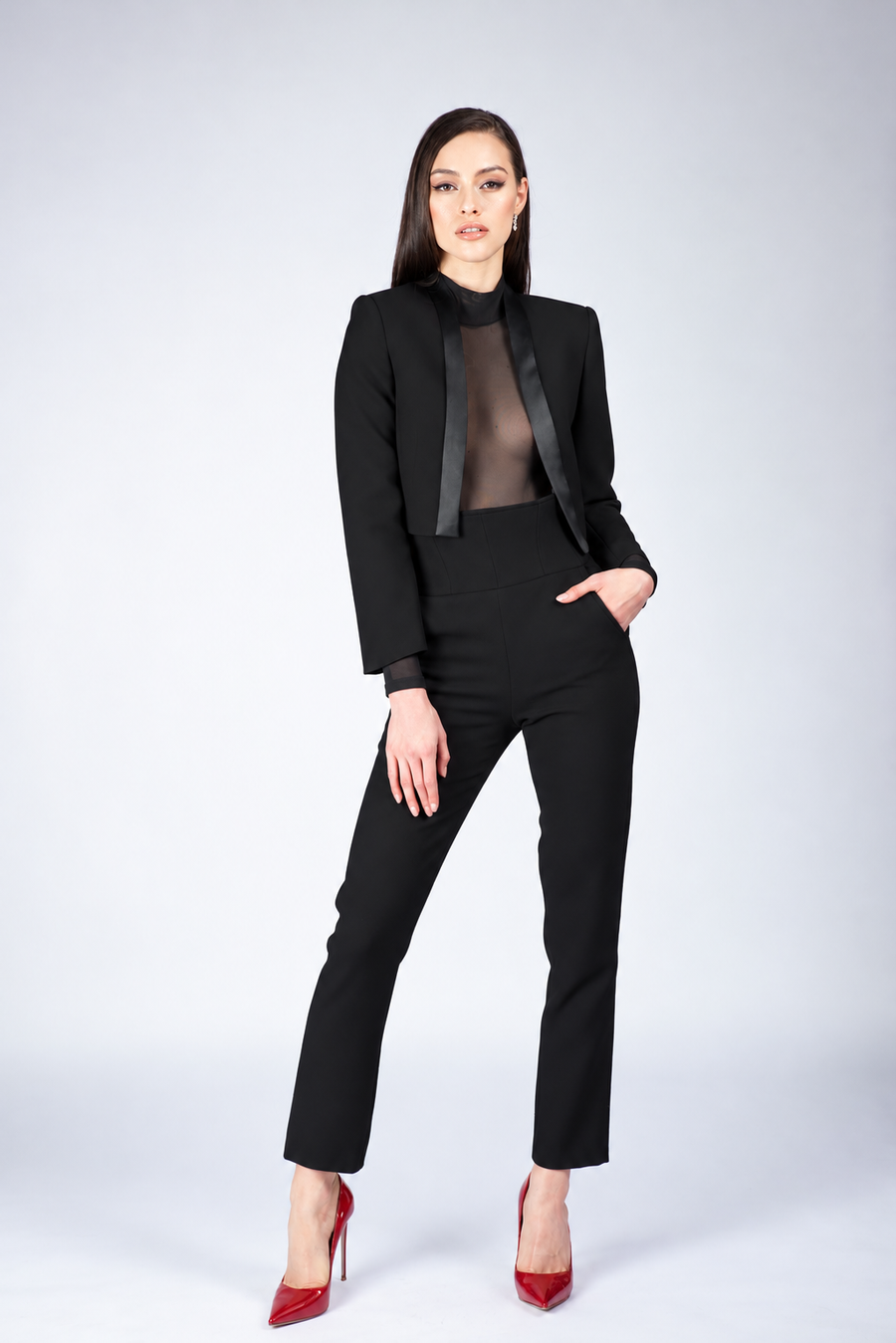 Cropped black blazer with silk satin details