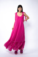 Rochie lunga vaporoasa din matase cu esarfe Fucsia