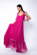 Rochie lunga vaporoasa din matase cu esarfe Fucsia