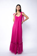 Rochie lunga vaporoasa din matase cu esarfe Fucsia