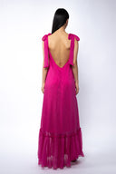 Rochie lunga vaporoasa din matase cu esarfe Fucsia