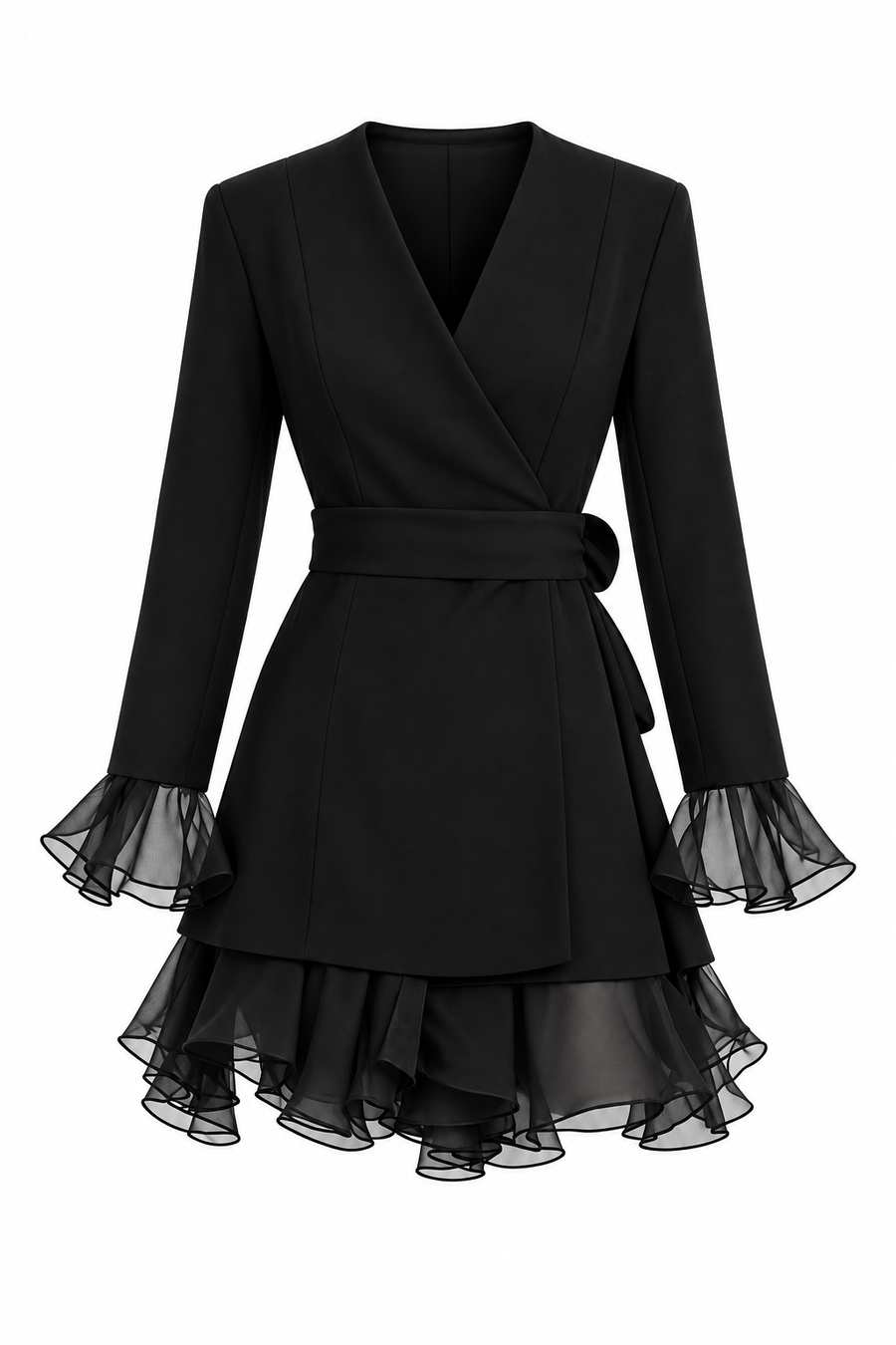 Rochie sacou cu volane din matase si cordon in talie