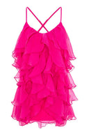 Rochie mini Lucky Fuchsia cu volane ample din amestec de matase si bretele subtiri
