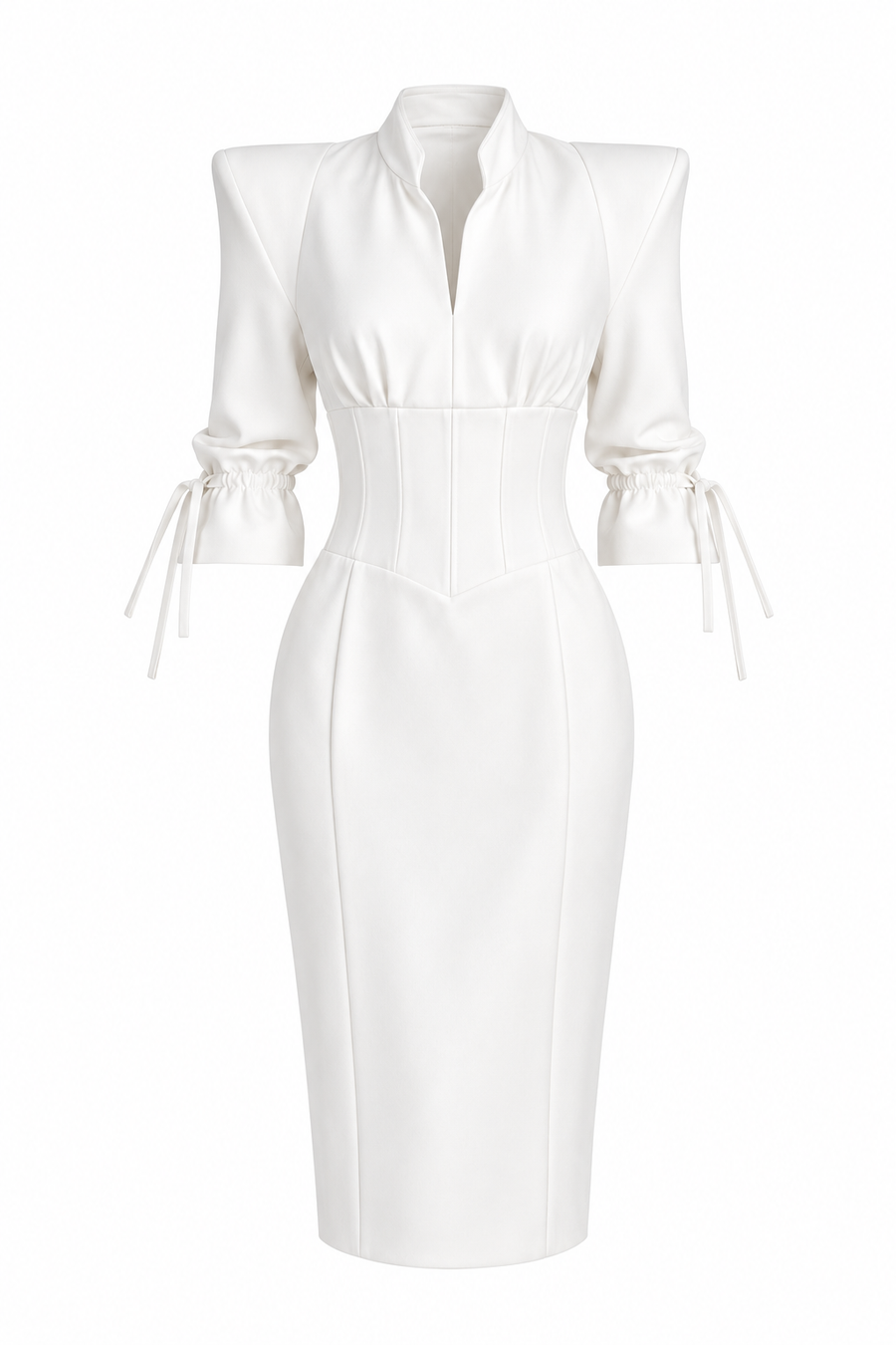 White fitted dress with structured shoulders and corset details