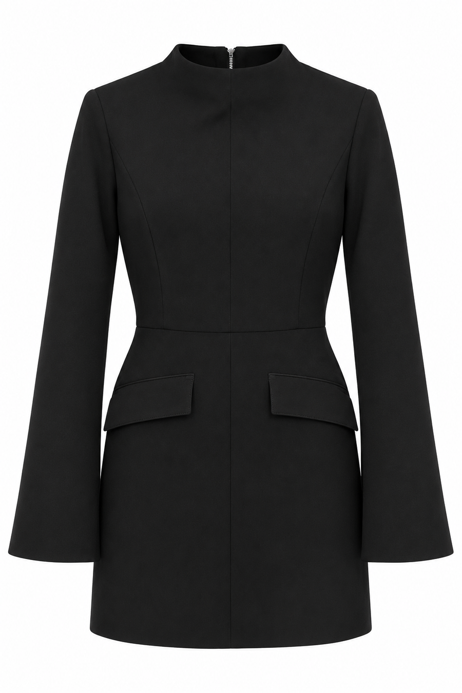 Black mini dress with flared sleeves and decorative pockets